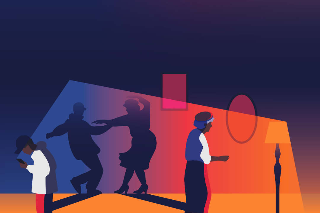 Illustration for BirdGang Ltd's piece Family (dys)Function, which features a young kid staring at their phone and an older woman facing an illuminated lamp, casting a shadow of them dancing together