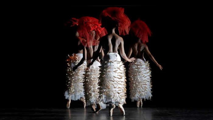 Four dancers en pointe with their backs to the camera. They are wearing long white tutu skirts with pegs attached and large red net head pieces.