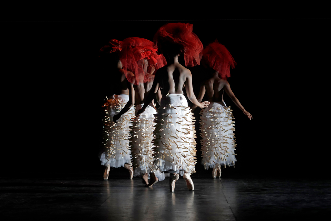 Four dancers en pointe with their backs to the camera. They are wearing long white tutu skirts with pegs attached and large red net head pieces.