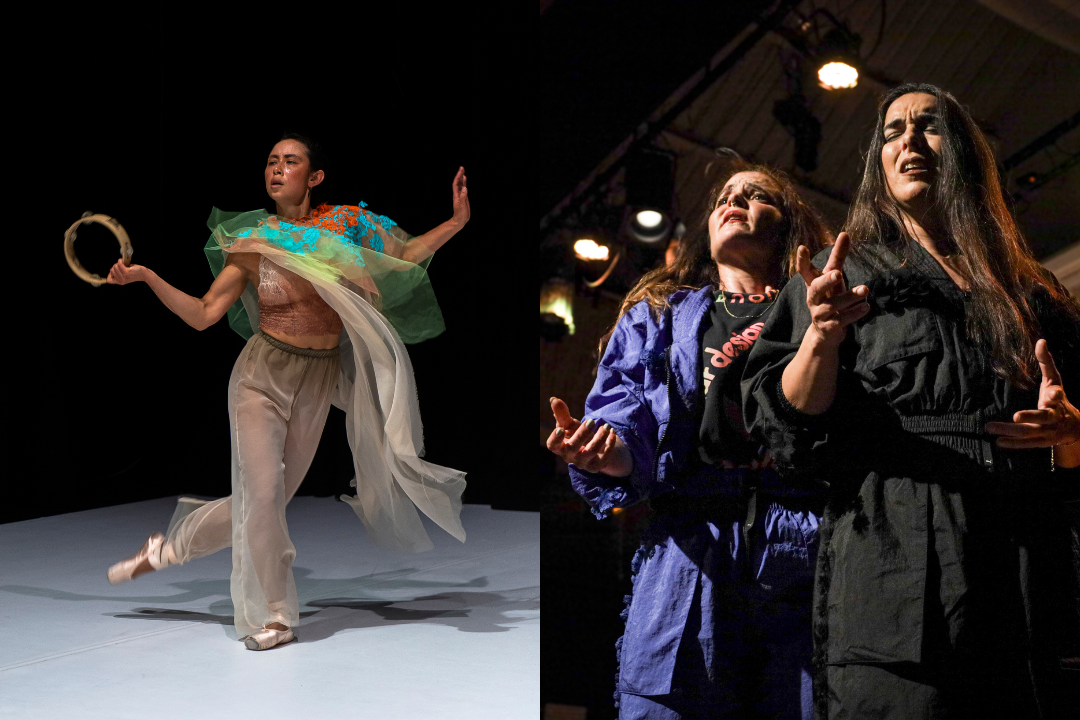 A dancer in a flowing, sheer outfit, wearing ballet slippers, holding a tambourine, performs gracefully on a stage with a dark backdrop. Two performers in blue and black tracksuits gesture expressively on a dimly lit stage, conveying emotion and energy.