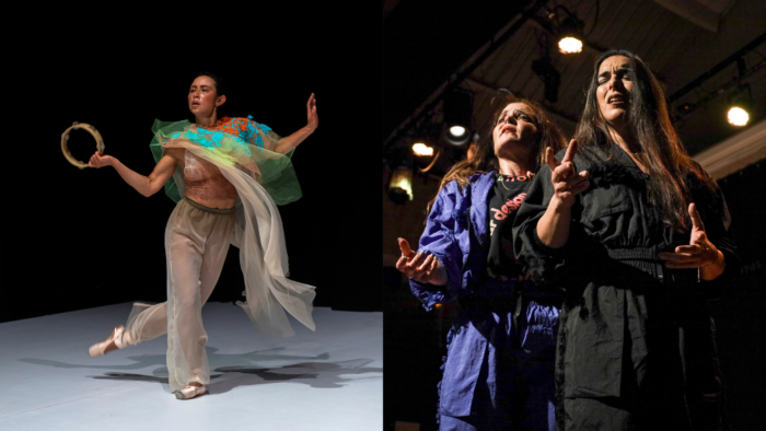 A dancer in a flowing, sheer outfit, wearing ballet slippers, holding a tambourine, performs gracefully on a stage with a dark backdrop. Two performers in blue and black tracksuits gesture expressively on a dimly lit stage, conveying emotion and energy.