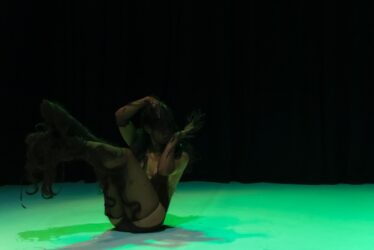 A performer in a flowing, translucent garment adorned with floral patterns, gracefully poses against a dark backdrop. She wears a skin-tight costume, covered in locks of human hair.