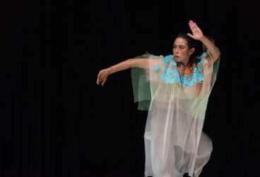 A performer dances, wearing a flowing costume made of multiple layered pieces of sheer fabric, gracefully raising her arms and leg.