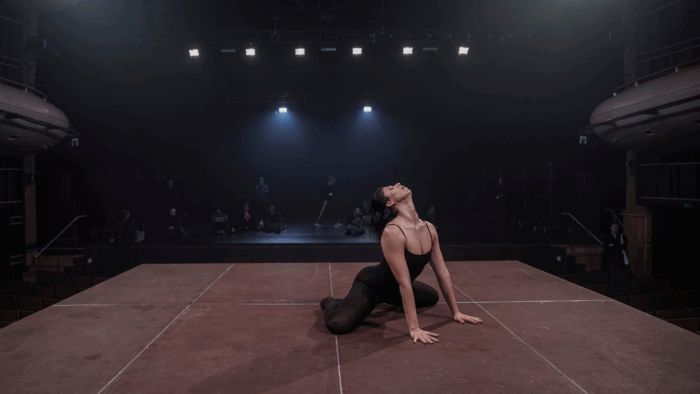 A performer in a black leotard and tights is on her knees on a large wooden floor, with her arms outstretched on the floor and her head straining upwards, leaning back. She is in a dimly lit theatre.